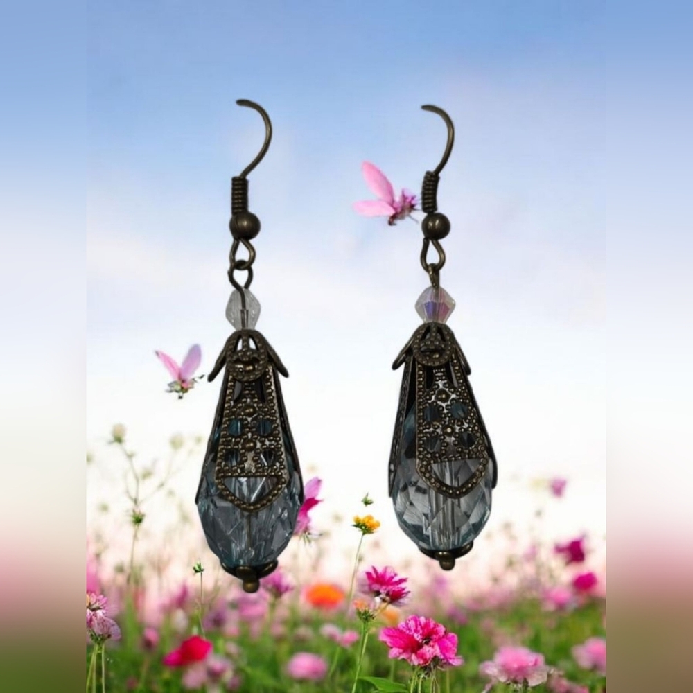 Handmade Vintage Style Pale Blue Faceted Drops w/Gunmetal Colored Accents NWOT